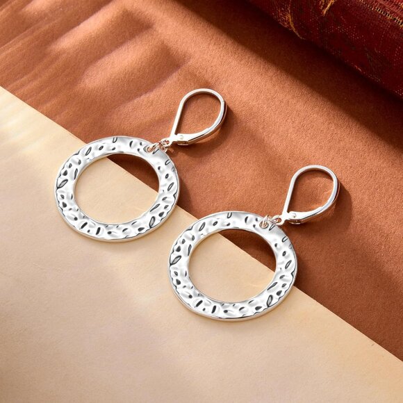 Silver Drop Handmade Hammered Circle Round Dangle Minimalist Earring for Women - Picture 5 of 7